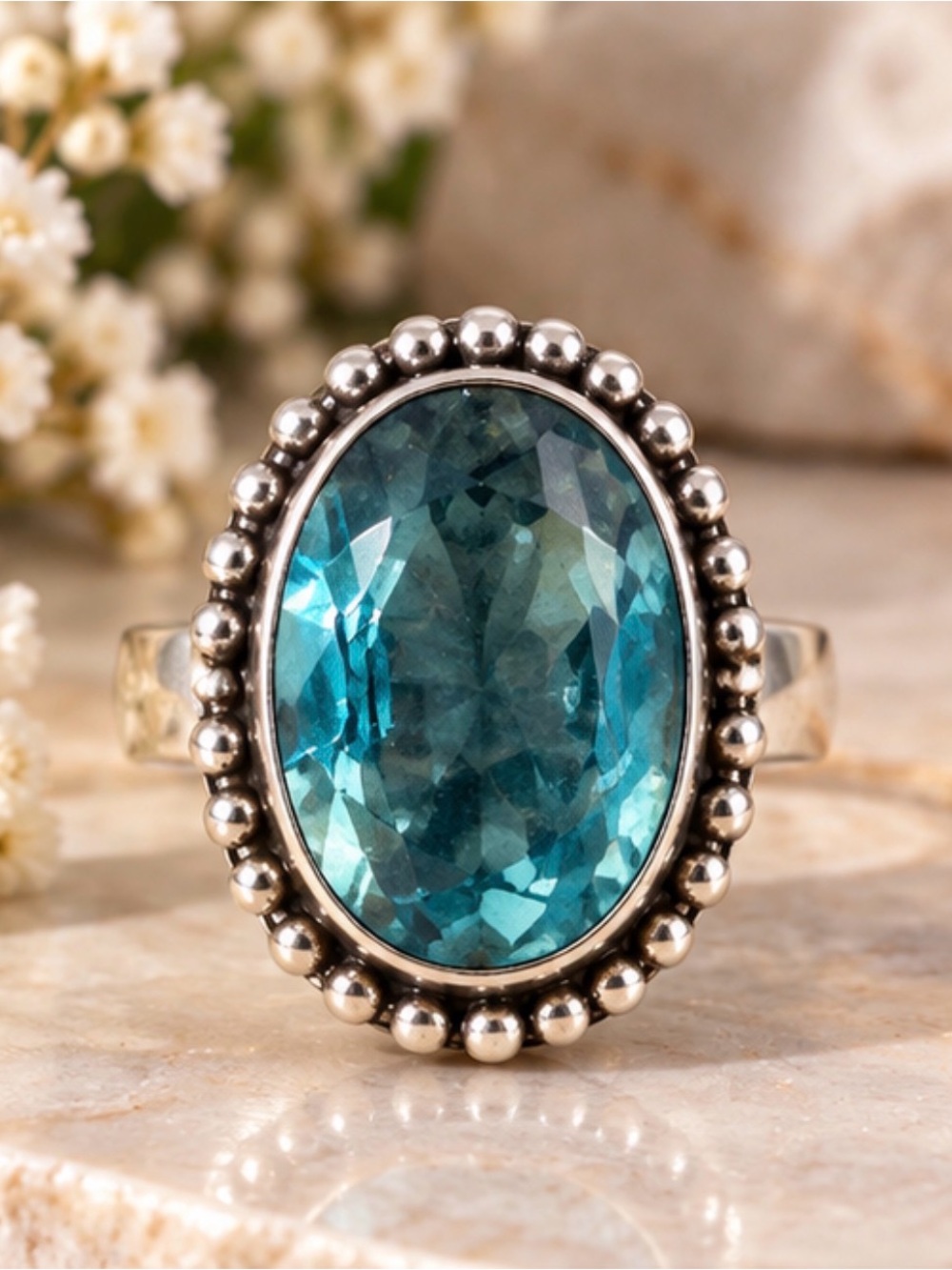 925 Sterling Silver plate Blue Oval Gemstone Ring
